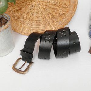 Vintage Y2K Hip Wear Butterfly & Flower Cut Out Black Genuine Leather Belt 2000s